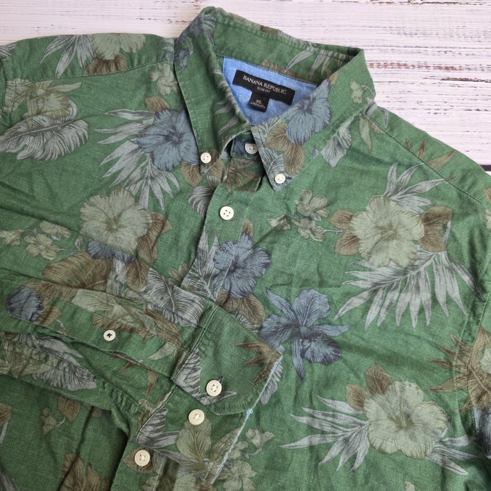 Banana‎ Republic Slim Fit Floral Linen Cotton Button Down Long Sleeve Shirt XL
